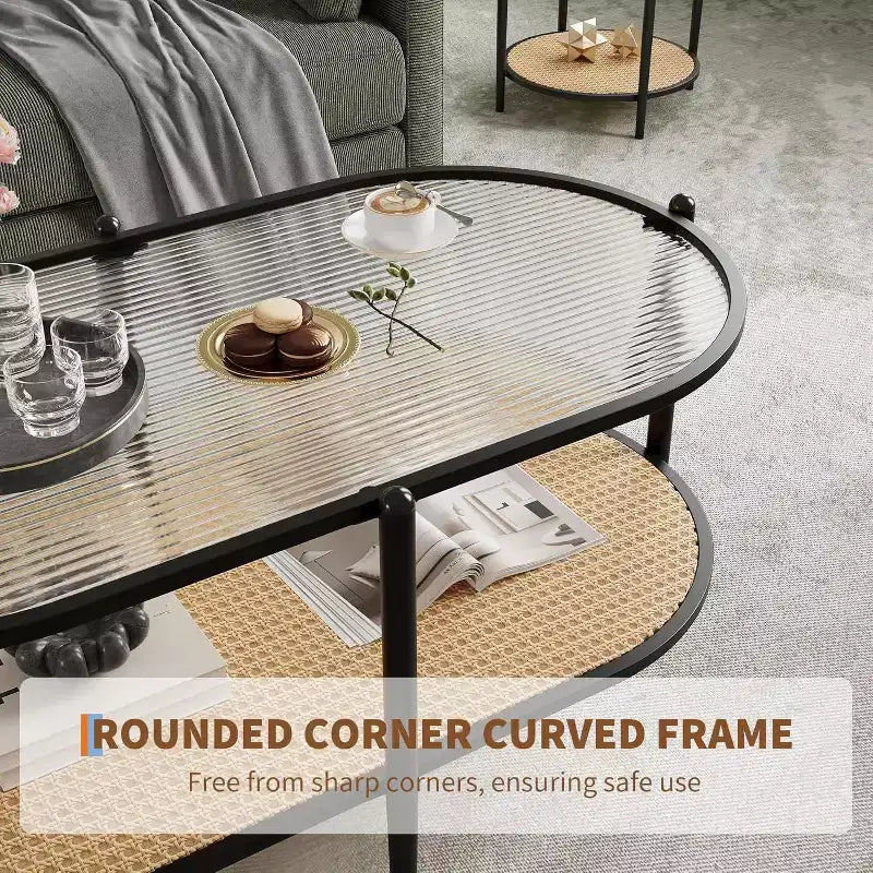 Boho Rattan Coffee Table with Glass Top,Oval 2-Tier Center Table with Metal Frame & Lower Storage Shelf,Rustic Farmhouse Accent Table for Living Room
