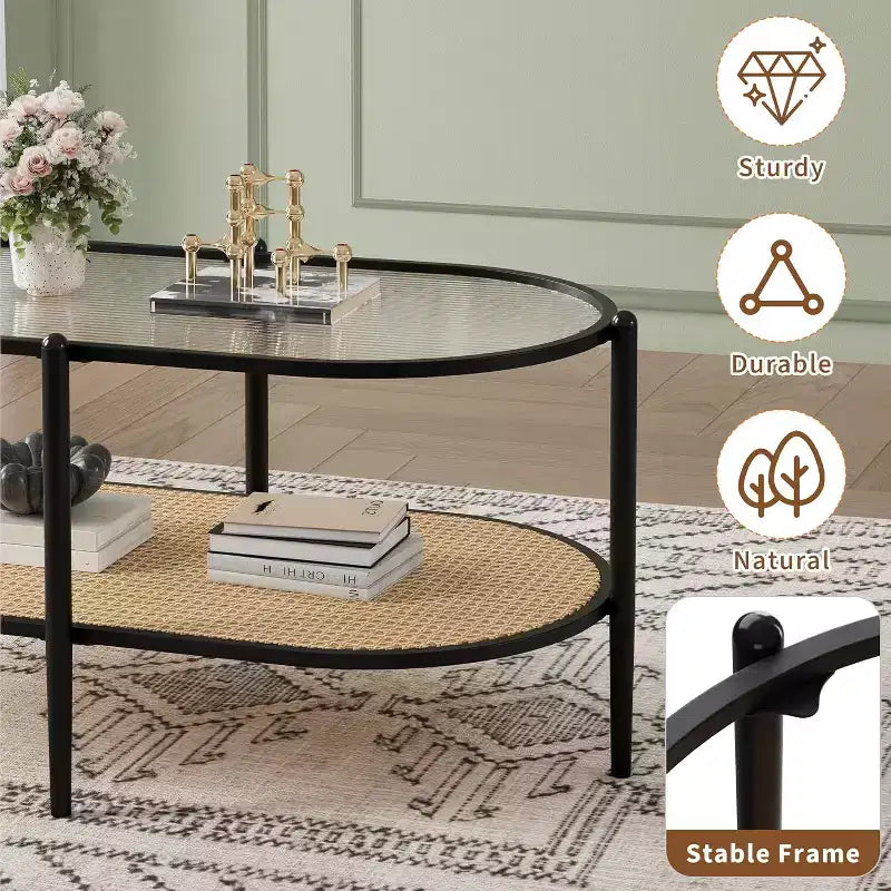 Boho Rattan Coffee Table with Glass Top,Oval 2-Tier Center Table with Metal Frame & Lower Storage Shelf,Rustic Farmhouse Accent Table for Living Room