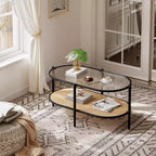 Boho Rattan Coffee Table with Glass Top,Oval 2-Tier Center Table with Metal Frame & Lower Storage Shelf,Rustic Farmhouse Accent Table for Living Room