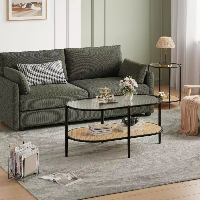 Boho Rattan Coffee Table with Glass Top,Oval 2-Tier Center Table with Metal Frame & Lower Storage Shelf,Rustic Farmhouse Accent Table for Living Room