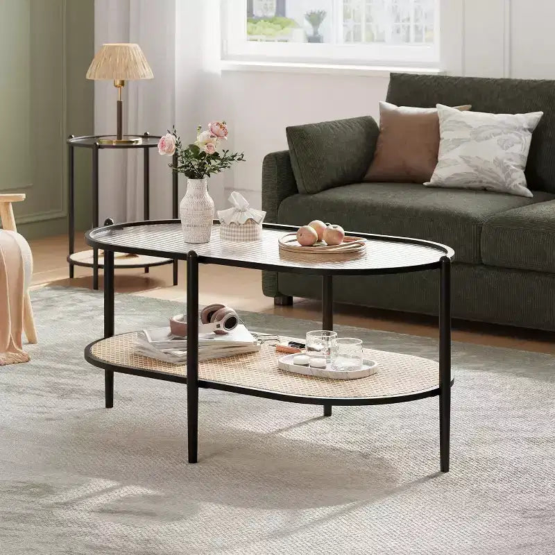 Boho Rattan Coffee Table with Glass Top,Oval 2-Tier Center Table with Metal Frame & Lower Storage Shelf,Rustic Farmhouse Accent Table for Living Room