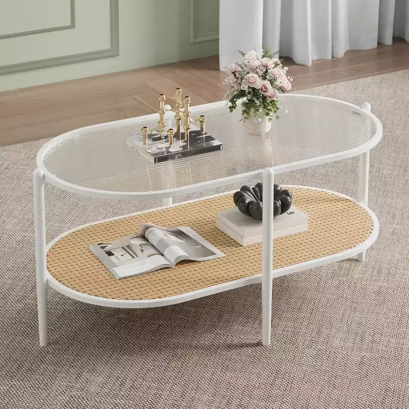 Boho Rattan Coffee Table with Glass Top,Oval 2-Tier Center Table with Metal Frame & Lower Storage Shelf,Rustic Farmhouse Accent Table for Living Room