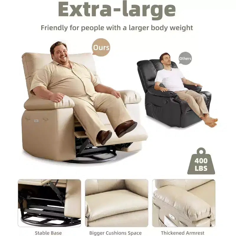 Poltrona reclinabile oversize con funzione calore e massaggio, poltrona reclinabile manuale a dondolo con telecomando per adulti, soggiorno/camera da letto/cameretta, color crema