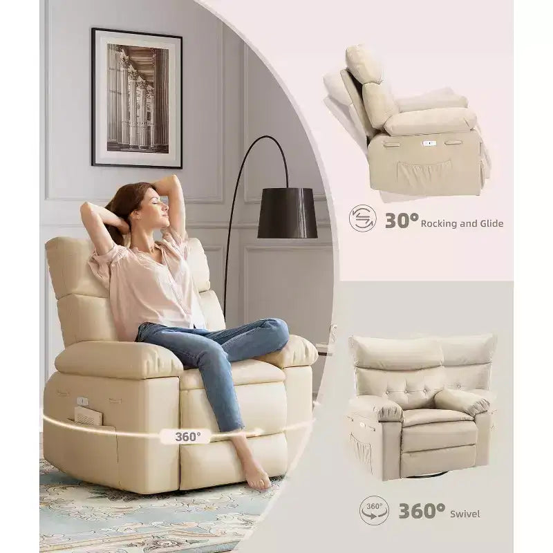 Poltrona reclinabile oversize con funzione calore e massaggio, poltrona reclinabile manuale a dondolo con telecomando per adulti, soggiorno/camera da letto/cameretta, color crema