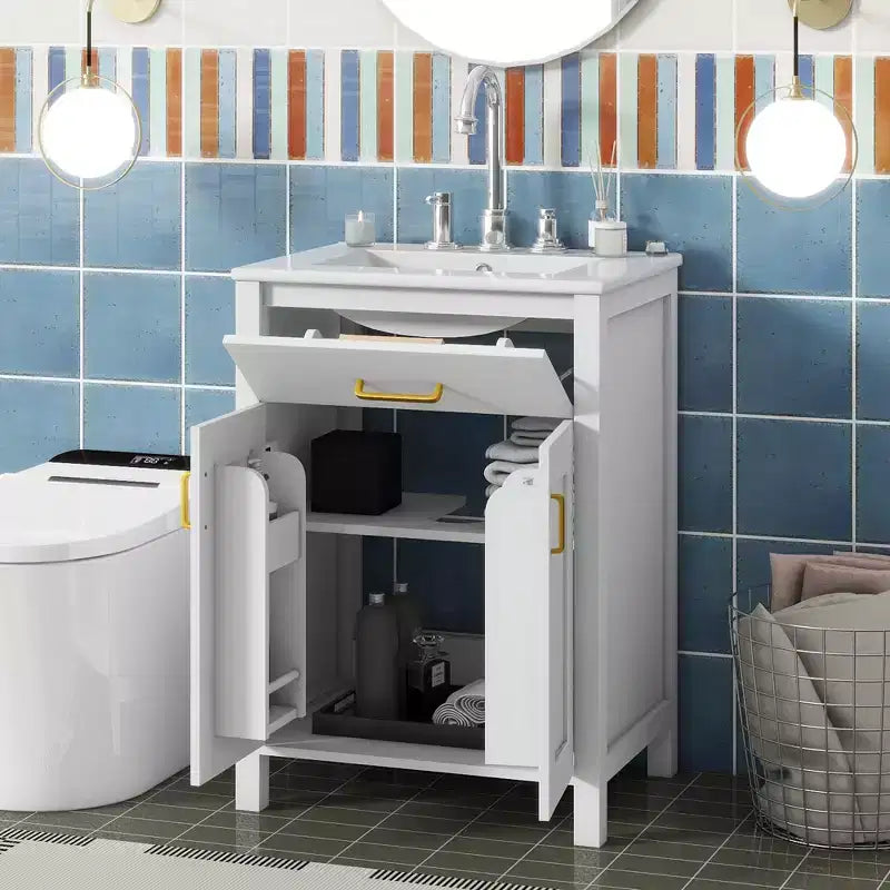 Mobile Bagno da 60 cm con Lavabo in Ceramica, Cassetto Ribaltabile e Ripiano Regolabile, Mobiletto Bagno Autoportante per Piccoli Spazi