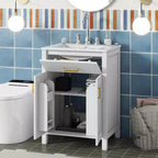 Mobile Bagno da 60 cm con Lavabo in Ceramica, Cassetto Ribaltabile e Ripiano Regolabile, Mobiletto Bagno Autoportante per Piccoli Spazi