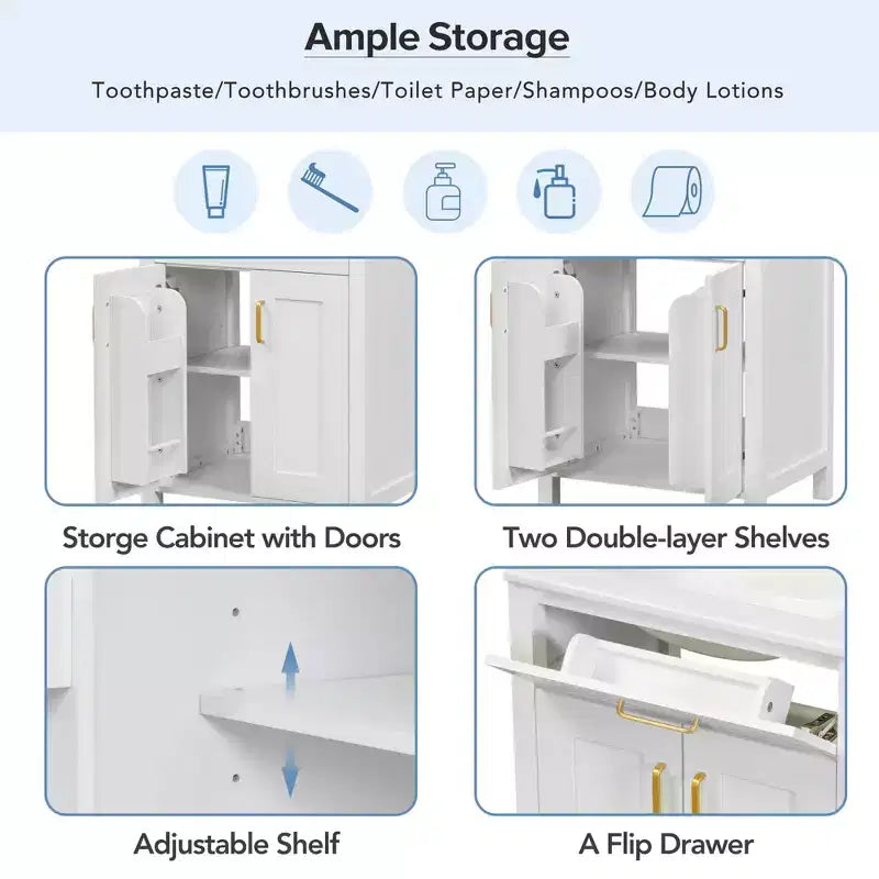 Mobile Bagno da 60 cm con Lavabo in Ceramica, Cassetto Ribaltabile e Ripiano Regolabile, Mobiletto Bagno Autoportante per Piccoli Spazi