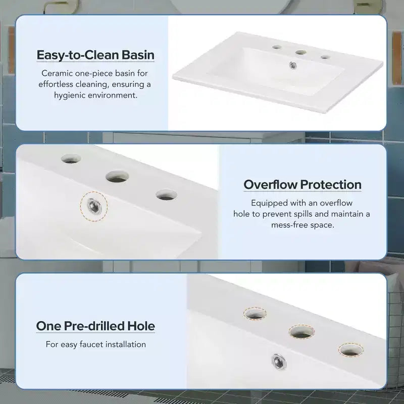 Mobile Bagno da 60 cm con Lavabo in Ceramica, Cassetto Ribaltabile e Ripiano Regolabile, Mobiletto Bagno Autoportante per Piccoli Spazi