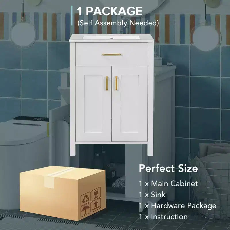 Mobile Bagno da 60 cm con Lavabo in Ceramica, Cassetto Ribaltabile e Ripiano Regolabile, Mobiletto Bagno Autoportante per Piccoli Spazi
