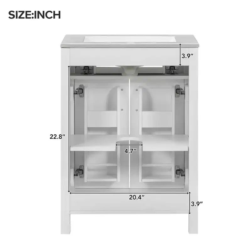 Mobile Bagno da 60 cm con Lavabo in Ceramica, Cassetto Ribaltabile e Ripiano Regolabile, Mobiletto Bagno Autoportante per Piccoli Spazi