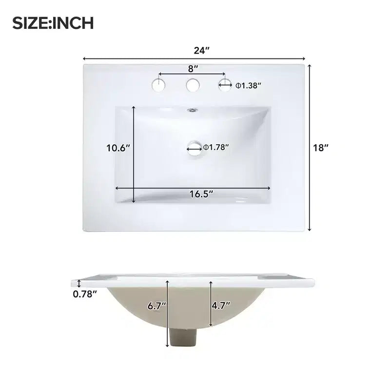 Mobile Bagno da 60 cm con Lavabo in Ceramica, Cassetto Ribaltabile e Ripiano Regolabile, Mobiletto Bagno Autoportante per Piccoli Spazi