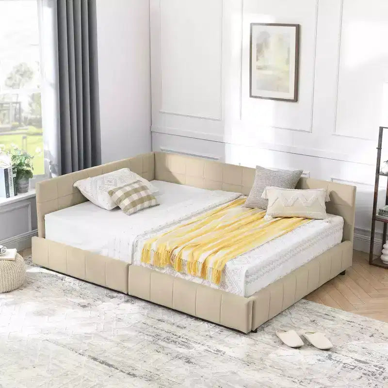 MAYEERTY Letto imbottito con contenitore a grandezza naturale, con testiera e braccioli, per camera da letto e soggiorno, beige scuro