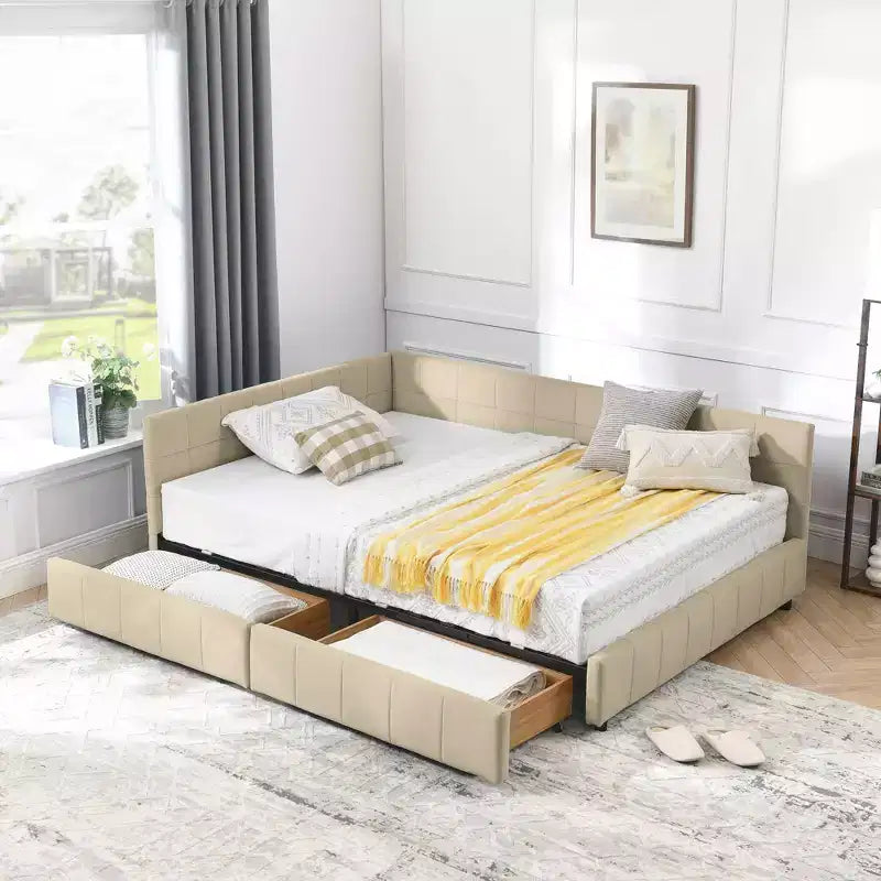 MAYEERTY Letto imbottito con contenitore a grandezza naturale, con testiera e braccioli, per camera da letto e soggiorno, beige scuro