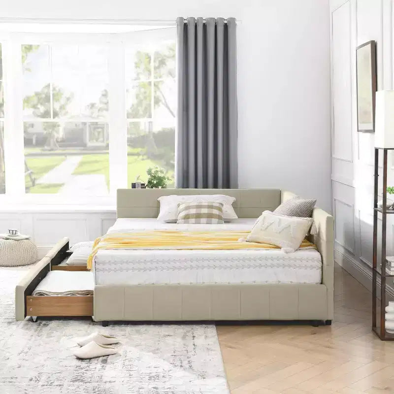 MAYEERTY Letto imbottito con contenitore a grandezza naturale, con testiera e braccioli, per camera da letto e soggiorno, beige scuro
