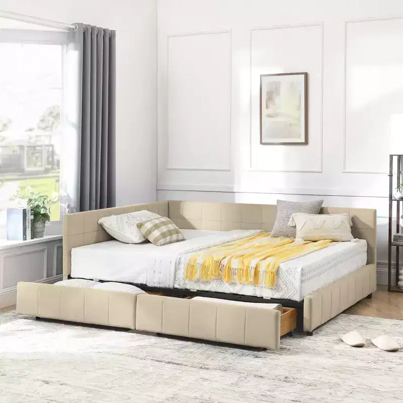 MAYEERTY Letto imbottito con contenitore a grandezza naturale, con testiera e braccioli, per camera da letto e soggiorno, beige scuro
