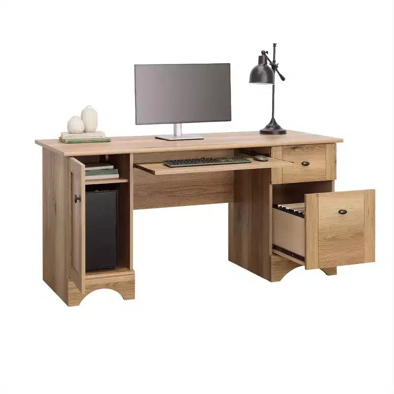 TUYOHW 59.45 Scrivania per computer, Scrivania da ufficio con vassoio per tastiera estraibile, 2 cassetti e 1 armadietto, Scrivania da scrittura per ufficio domestico, studio, sala giochi