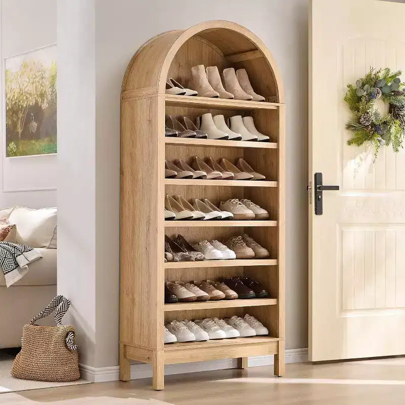 Scarpiera, Armadietto per Scarpe Alto 71, con Arco e 7 Ripiani Regolabili, in Legno di Quercia, per Ingresso