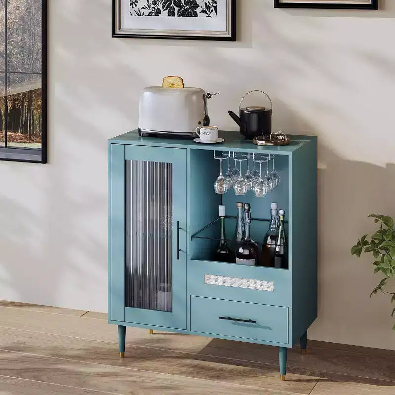 Green Cabinet with Glass Rack & Storage, 30.7 Modern Buffet Sideboard and Cabinet for Kitchen, Dining Room, Living Room