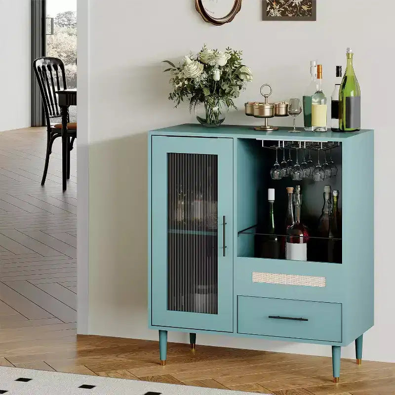 Green Cabinet with Glass Rack & Storage, 30.7 Modern Buffet Sideboard and Cabinet for Kitchen, Dining Room, Living Room