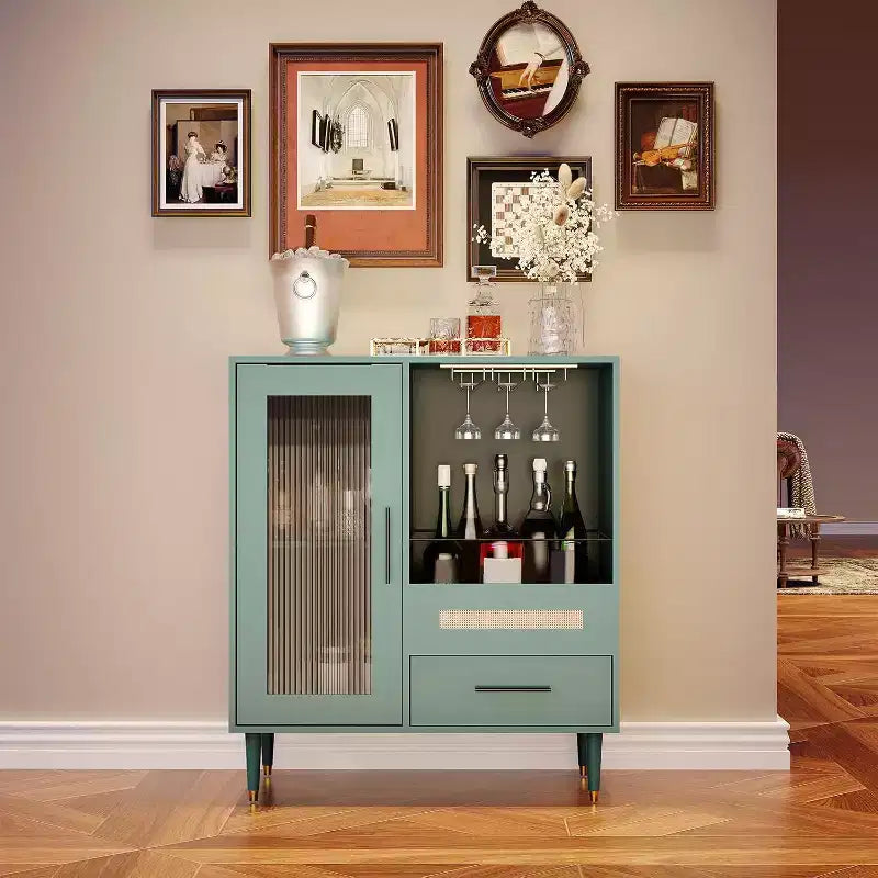 Green Cabinet with Glass Rack & Storage, 30.7 Modern Buffet Sideboard and Cabinet for Kitchen, Dining Room, Living Room