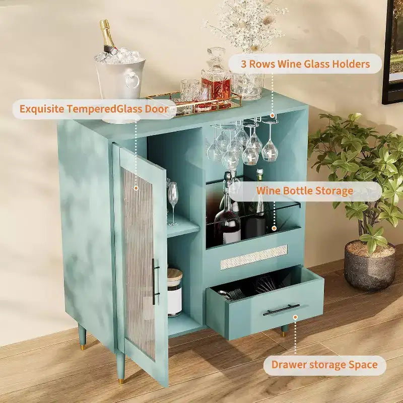 Green Cabinet with Glass Rack & Storage, 30.7 Modern Buffet Sideboard and Cabinet for Kitchen, Dining Room, Living Room
