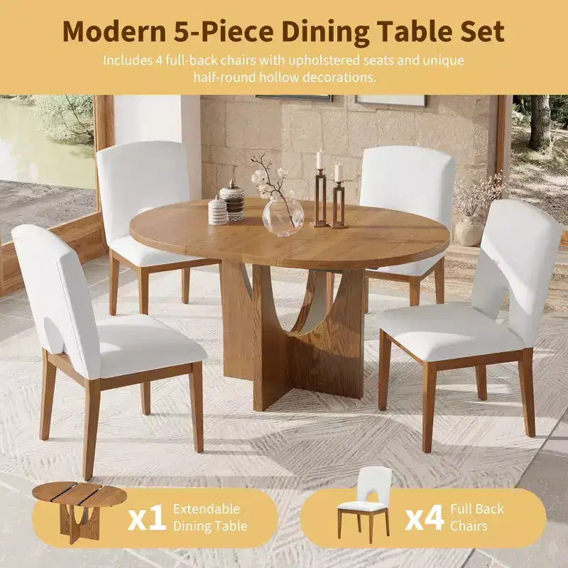 Set da pranzo rotondo allungabile da 5 pezzi per 4 persone, tavolo da cucina moderno con prolunga rimovibile e 4 sedie imbottite per sala da pranzo