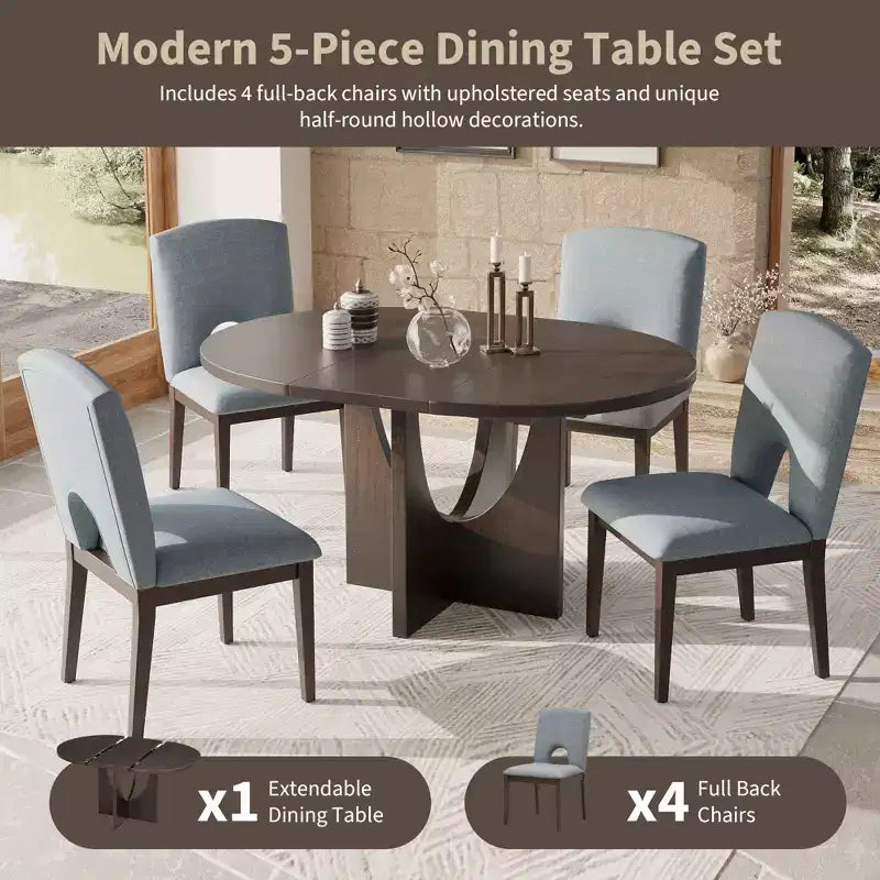 Set da pranzo rotondo allungabile da 5 pezzi per 4 persone, tavolo da cucina moderno con prolunga rimovibile e 4 sedie imbottite per sala da pranzo