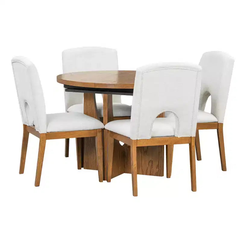 Set da pranzo rotondo allungabile da 5 pezzi per 4 persone, tavolo da cucina moderno con prolunga rimovibile e 4 sedie imbottite per sala da pranzo