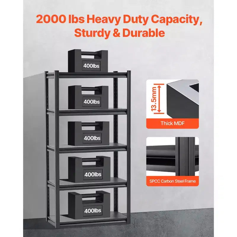 VEVOR Storage Shelves, 2000lbs, 5 Tier Garage Storage Shelving, 16 Dx32Wx63 H Adjustable Metal Shelves for Garage Shelves Utility Rack Shelf,Black