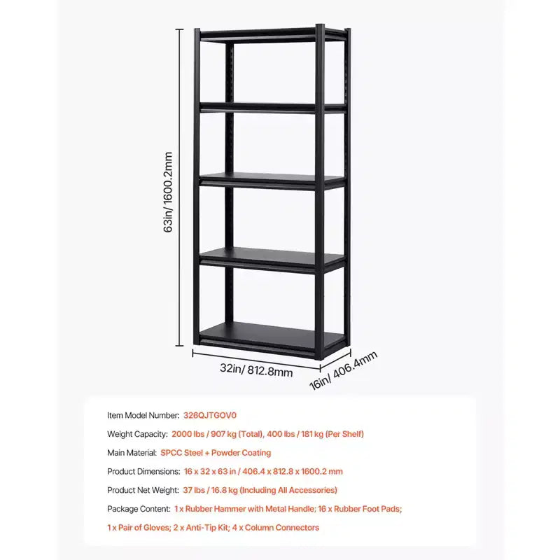 VEVOR Storage Shelves, 2000lbs, 5 Tier Garage Storage Shelving, 16 Dx32Wx63 H Adjustable Metal Shelves for Garage Shelves Utility Rack Shelf,Black