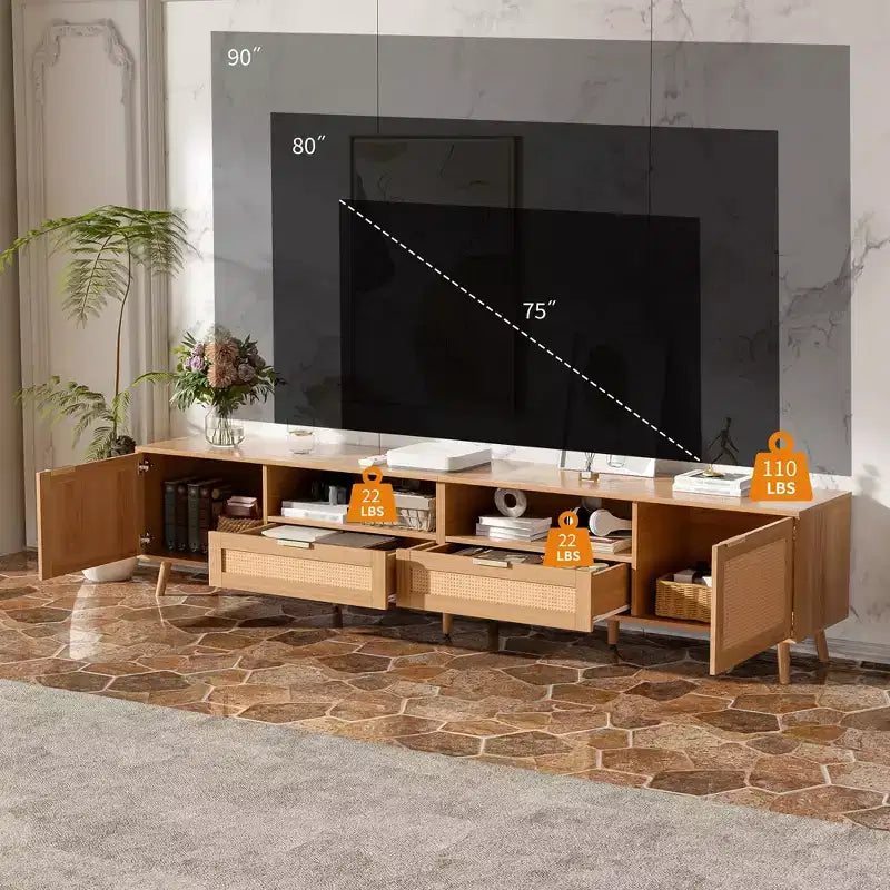 Mobile TV GDFStudio Darwin in Rattan Intrecciato, Stile Moderno Country, per TV fino a 90'', con Gambe in Legno Massello