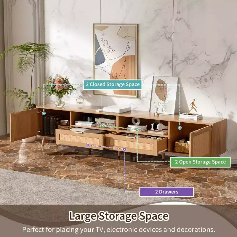 Mobile TV GDFStudio Darwin in Rattan Intrecciato, Stile Moderno Country, per TV fino a 90'', con Gambe in Legno Massello