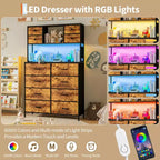 Cassettiera per Camera da Letto, Comodino in Tessuto a 12 Cassetti con Illuminazione, Presa di Corrente e Ripiani Aperti, Piano in Legno e Struttura in Metallo