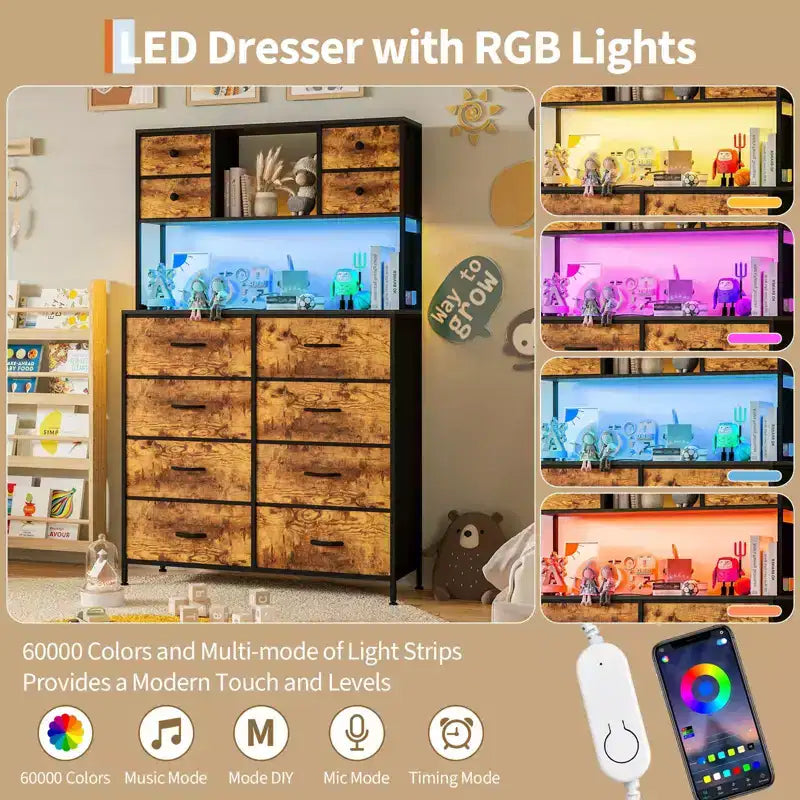 Cassettiera per Camera da Letto, Comodino in Tessuto a 12 Cassetti con Illuminazione, Presa di Corrente e Ripiani Aperti, Piano in Legno e Struttura in Metallo