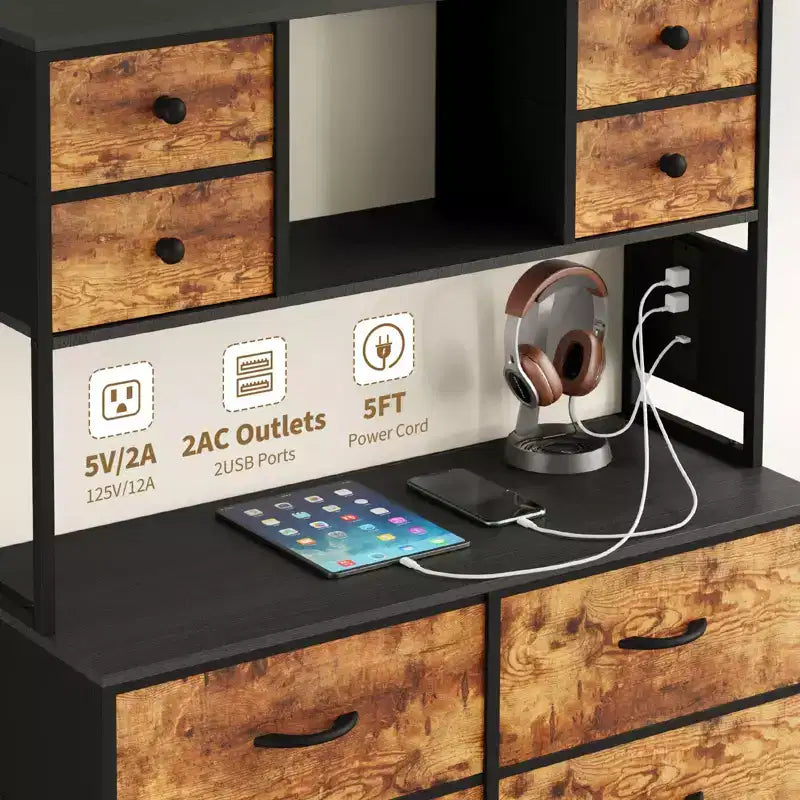 Cassettiera per Camera da Letto, Comodino in Tessuto a 12 Cassetti con Illuminazione, Presa di Corrente e Ripiani Aperti, Piano in Legno e Struttura in Metallo