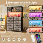 Cassettiera per Camera da Letto, Comodino in Tessuto a 12 Cassetti con Illuminazione, Presa di Corrente e Ripiani Aperti, Piano in Legno e Struttura in Metallo