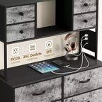 Cassettiera per Camera da Letto, Comodino in Tessuto a 12 Cassetti con Illuminazione, Presa di Corrente e Ripiani Aperti, Piano in Legno e Struttura in Metallo