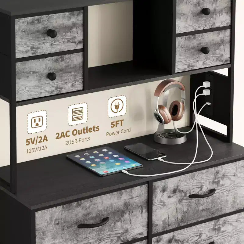 Cassettiera per Camera da Letto, Comodino in Tessuto a 12 Cassetti con Illuminazione, Presa di Corrente e Ripiani Aperti, Piano in Legno e Struttura in Metallo