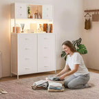 Cassettiera per Camera da Letto, Comodino in Tessuto a 12 Cassetti con Illuminazione, Presa di Corrente e Ripiani Aperti, Piano in Legno e Struttura in Metallo