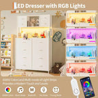 Cassettiera per Camera da Letto, Comodino in Tessuto a 12 Cassetti con Illuminazione, Presa di Corrente e Ripiani Aperti, Piano in Legno e Struttura in Metallo