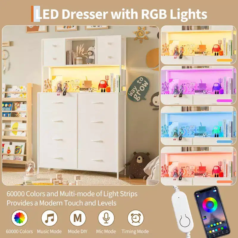 Cassettiera per Camera da Letto, Comodino in Tessuto a 12 Cassetti con Illuminazione, Presa di Corrente e Ripiani Aperti, Piano in Legno e Struttura in Metallo