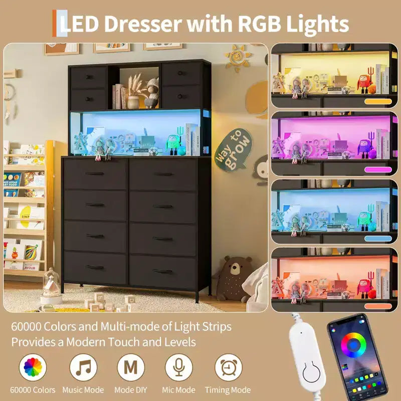 Cassettiera per Camera da Letto, Comodino in Tessuto a 12 Cassetti con Illuminazione, Presa di Corrente e Ripiani Aperti, Piano in Legno e Struttura in Metallo