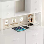 Cassettiera per Camera da Letto, Comodino in Tessuto a 12 Cassetti con Illuminazione, Presa di Corrente e Ripiani Aperti, Piano in Legno e Struttura in Metallo
