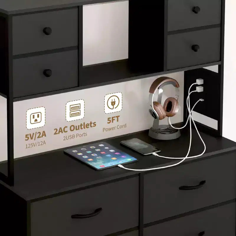 Cassettiera per Camera da Letto, Comodino in Tessuto a 12 Cassetti con Illuminazione, Presa di Corrente e Ripiani Aperti, Piano in Legno e Struttura in Metallo