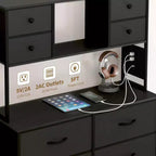 Cassettiera per Camera da Letto, Comodino in Tessuto a 12 Cassetti con Illuminazione, Presa di Corrente e Ripiani Aperti, Piano in Legno e Struttura in Metallo