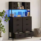 Cassettiera per Camera da Letto, Comodino in Tessuto a 12 Cassetti con Illuminazione, Presa di Corrente e Ripiani Aperti, Piano in Legno e Struttura in Metallo