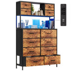 Cassettiera per Camera da Letto, Comodino in Tessuto a 12 Cassetti con Illuminazione, Presa di Corrente e Ripiani Aperti, Piano in Legno e Struttura in Metallo