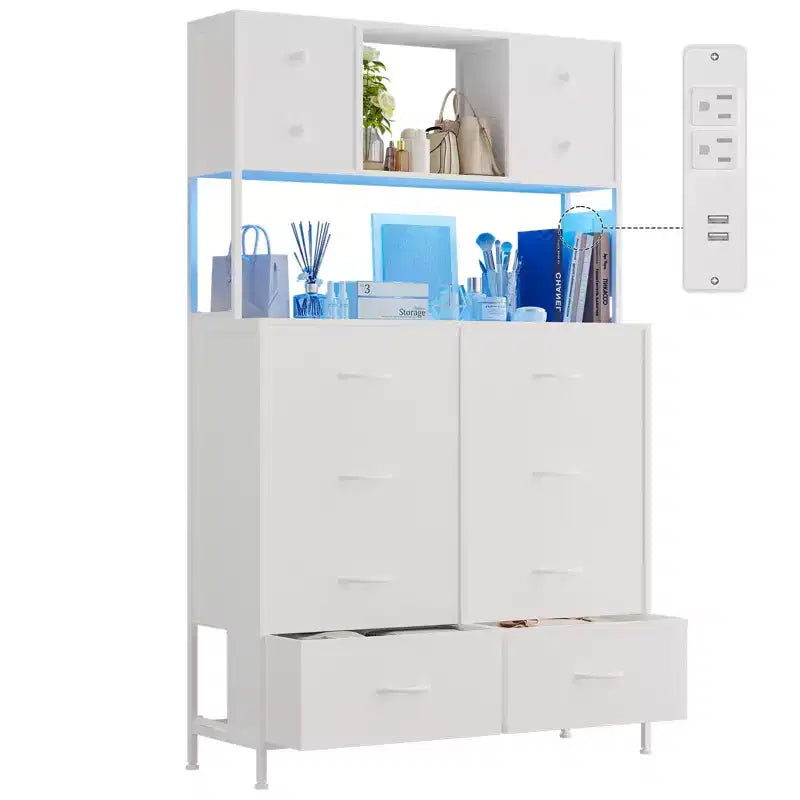 Cassettiera per Camera da Letto, Comodino in Tessuto a 12 Cassetti con Illuminazione, Presa di Corrente e Ripiani Aperti, Piano in Legno e Struttura in Metallo