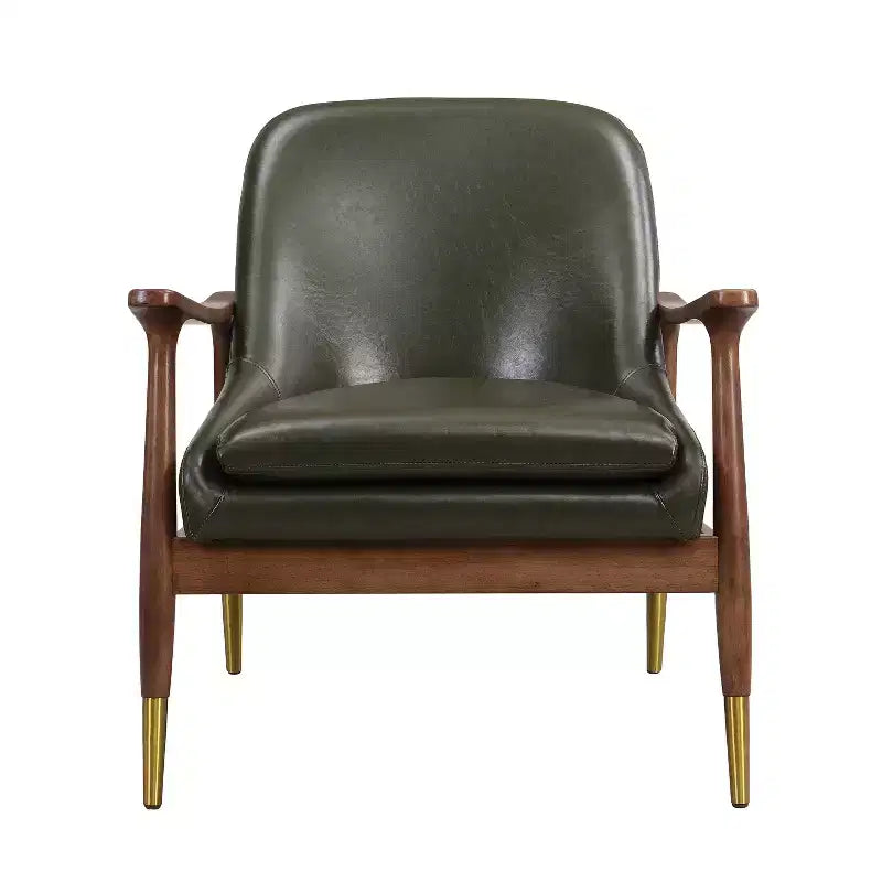 Poltrona d'accento Mid-Century in ecopelle da 74 cm con gambe con puntali in ottone, per soggiorno o ufficio