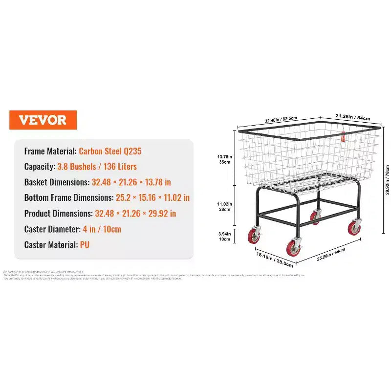 VEVOR Wire Laundry Cart, 4.5 Bushel Wire Laundry Basket with Wheels,35''x15.7''x22''Commercial Wire Laundry Basket Cart,Steel Frame,5''Casters,Silver